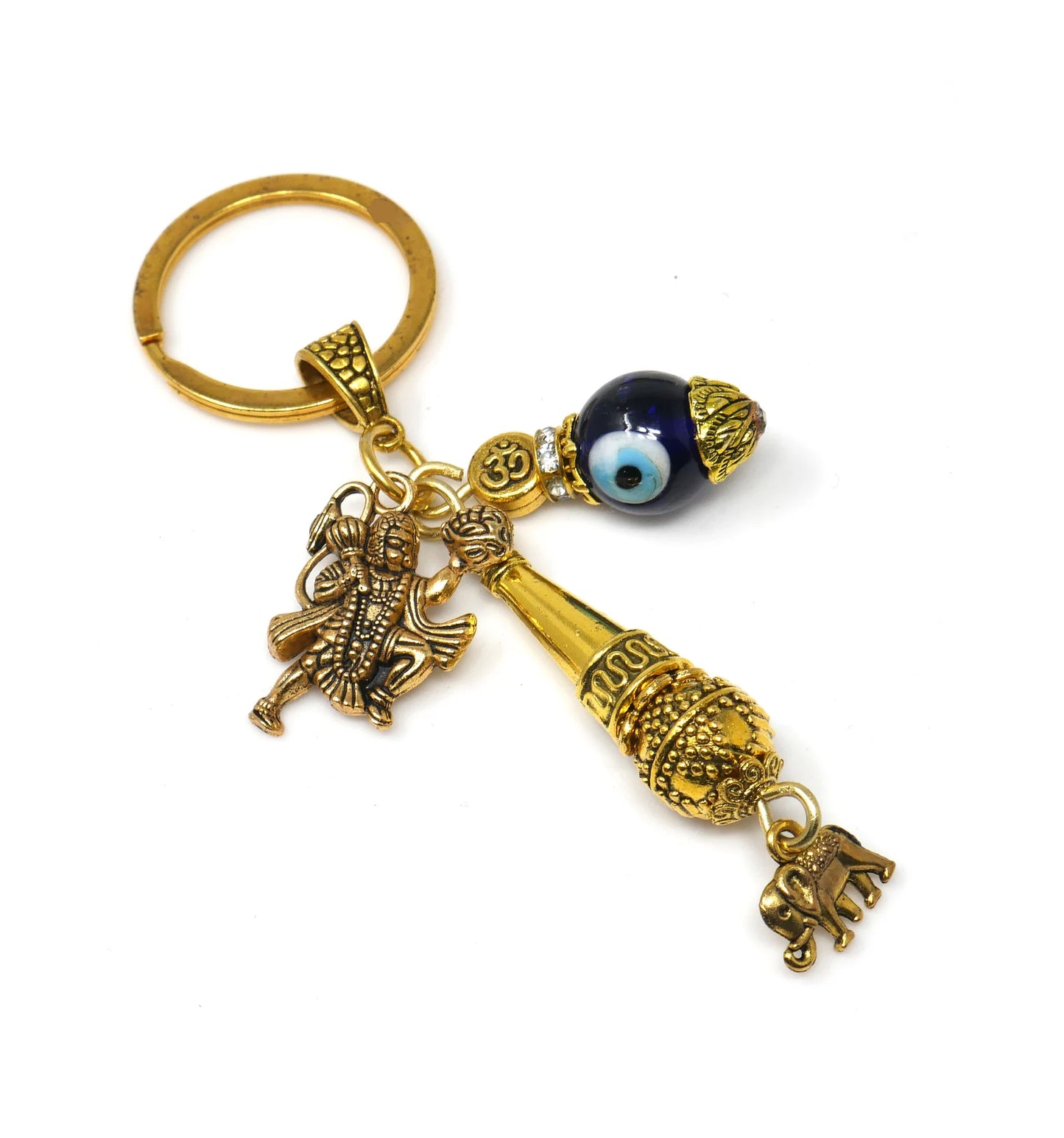 Lord Hanuman ji and Gada Charm & Evil Eye Protection Blue Glass Bead-Rare to Find Combination in Key Ring for Home/Car/Office/Business