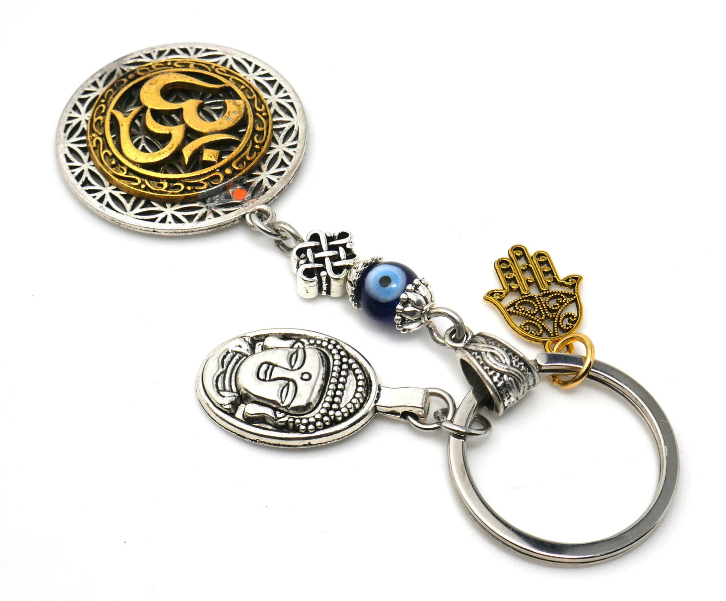 OM Flower of Life Buddha & Hamsa Charm Evil Eye Protection Blue Glass Bead Key Ring for Good Vibes, Good Fortune and Good Luck