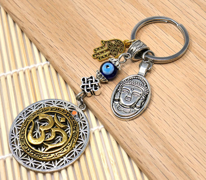 OM Flower of Life Buddha & Hamsa Charm Evil Eye Protection Blue Glass Bead Key Ring for Good Vibes, Good Fortune and Good Luck