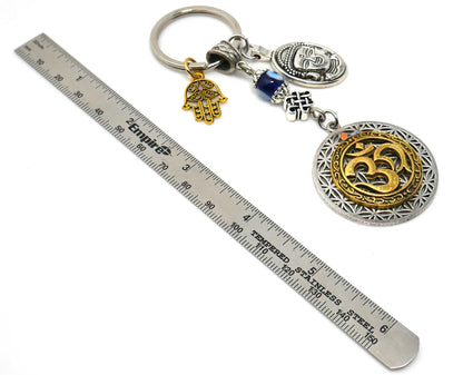 OM Flower of Life Buddha & Hamsa Charm Evil Eye Protection Blue Glass Bead Key Ring for Good Vibes, Good Fortune and Good Luck