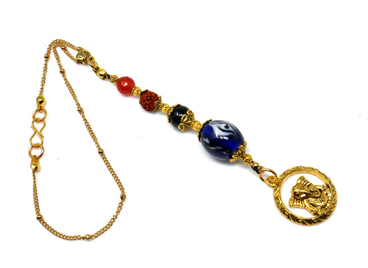 Ganesha | Natural Stone Beads & Rudraksha Bead | Lord Ganesha Car Mirror Hanging | Evil Eye Protection | Good Luck Protection Amulet