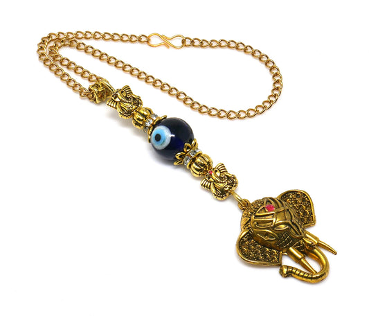 Divine OM n Lucky Elephant Head Pendant Evil Eye Protection Car Rear Mirror Hanging | Ganesha Obstacles Protection Hanging | Namaste Gift