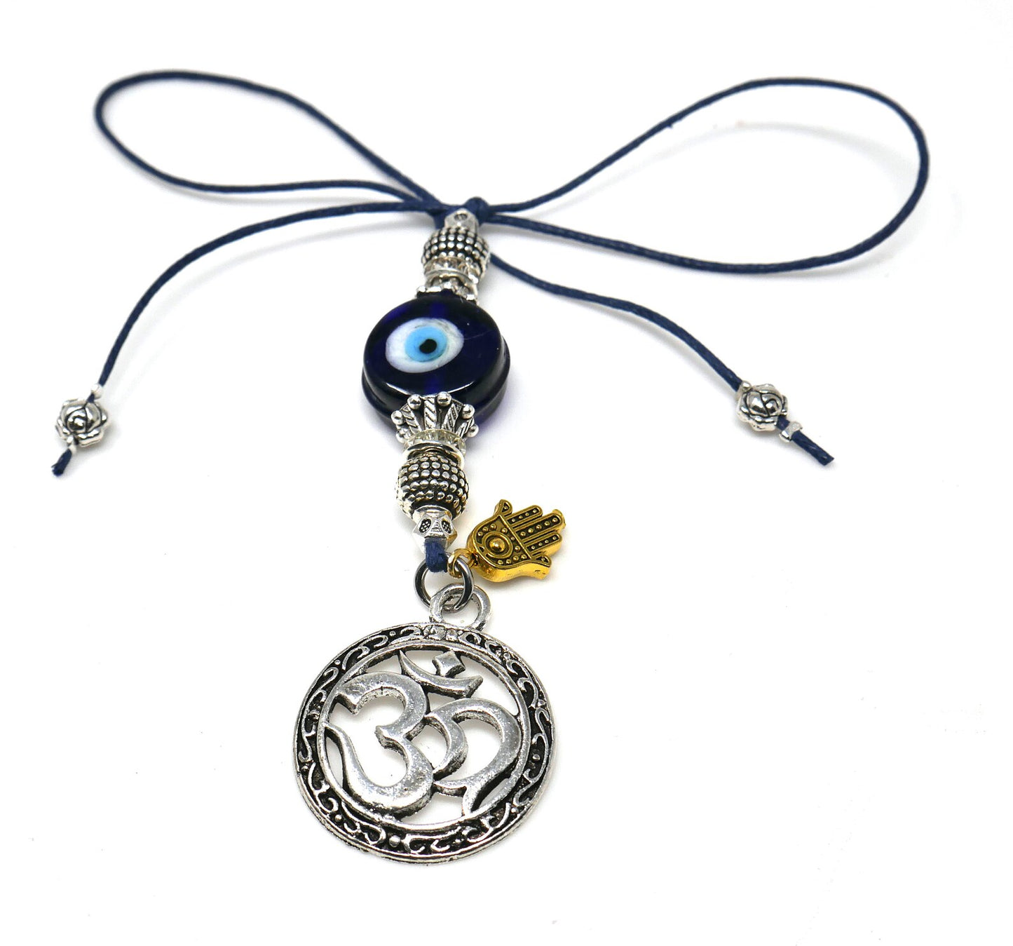 Evil Eye Protection OM Hamsa Hand Car Mirror Hanging | Spiritual Car Ornaments | Handbag Hanging for Good Luck & Good Fortune | Namaste Gift