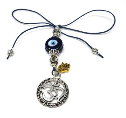 Evil Eye Protection OM Hamsa Hand Car Mirror Hanging | Spiritual Car Ornaments | Handbag Hanging for Good Luck & Good Fortune | Namaste Gift