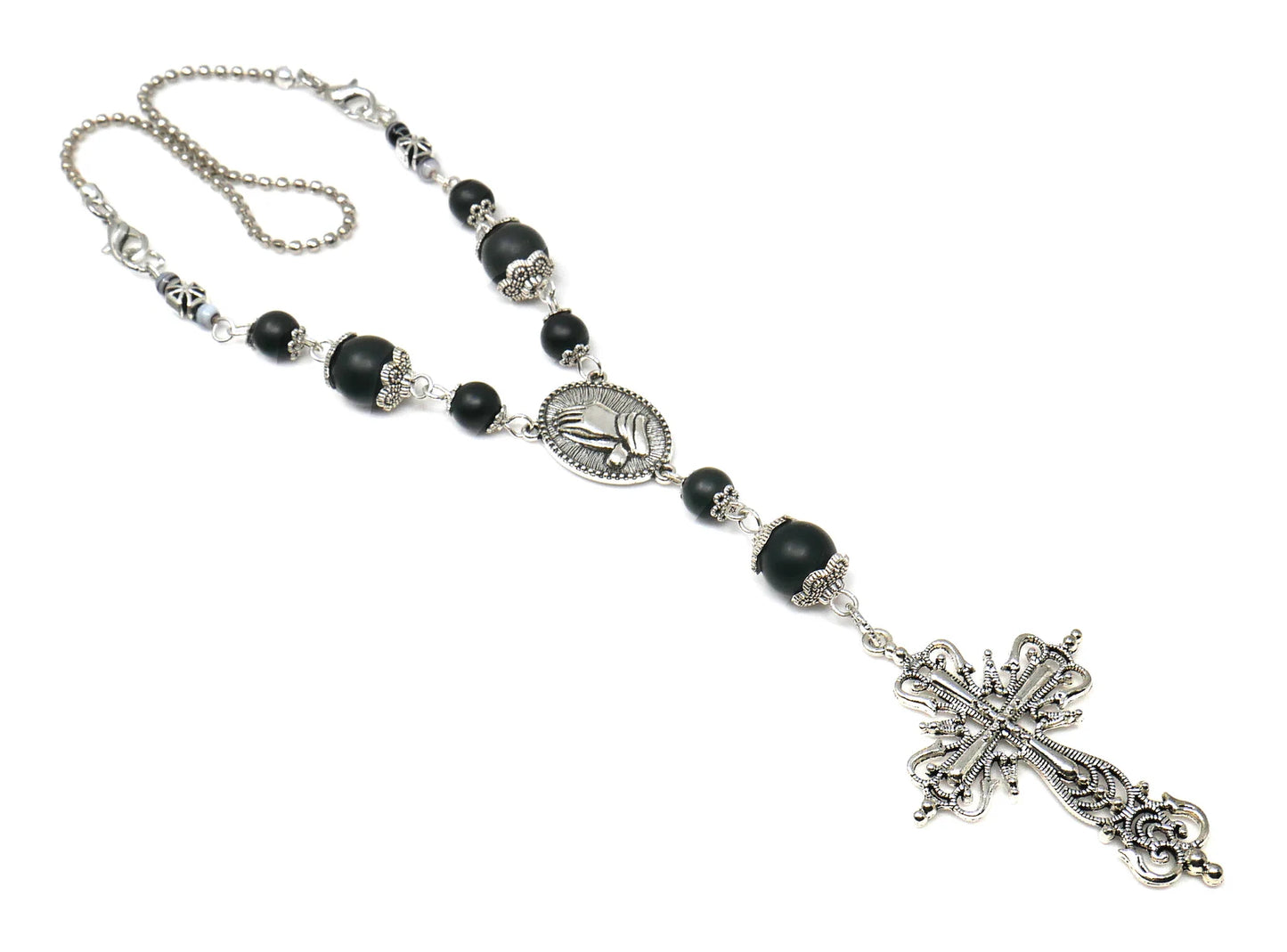 Holy Cross Pendant | Natural Stone Beads | Antique Silver Plated | Car Rearview Mirror Ornament | Blessings | Faith | Hope