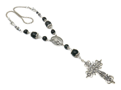 Holy Cross Pendant | Natural Stone Beads | Antique Silver Plated | Car Rearview Mirror Ornament | Blessings | Faith | Hope