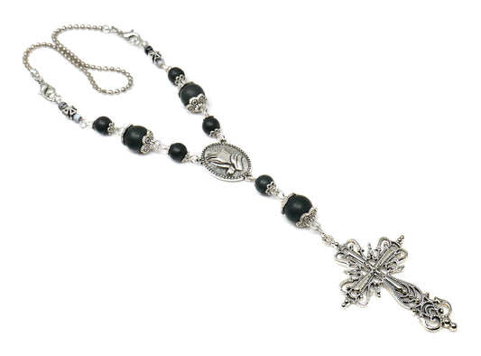 Holy Cross Pendant | Natural Stone Beads | Antique Silver Plated | Car Rearview Mirror Ornament | Blessings | Faith | Hope