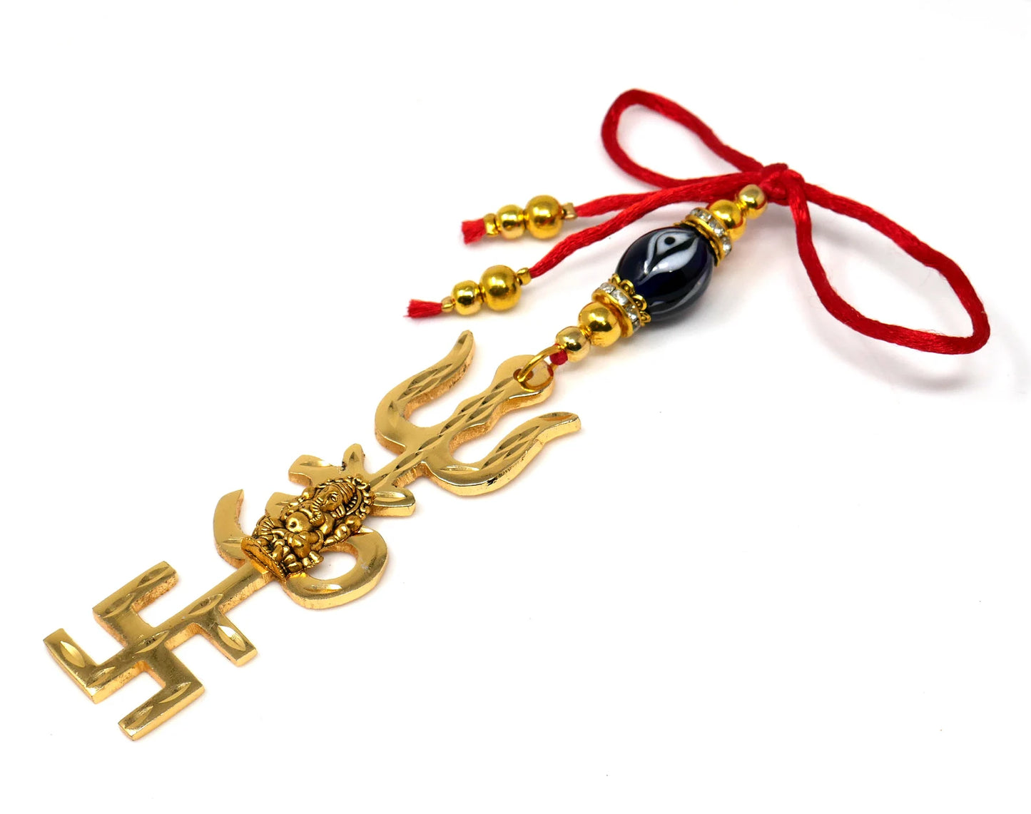 Trishakti Yantra | Trishul | OM | Swastik | Ganesha | Golden | Car Mirror Ornament | Good Luck | Positive Vibrations | Success | Prosperity