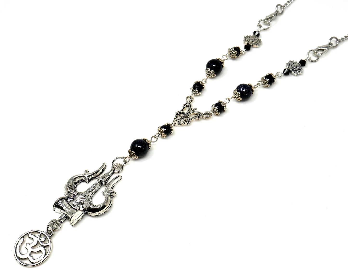 Lord Shiva Trishul Damru & Om Car Mirror Hanging, Natural Blue Sand Stone Beads and Baba Bholenath/Shiv Shambhu Trishul Protection Hanging