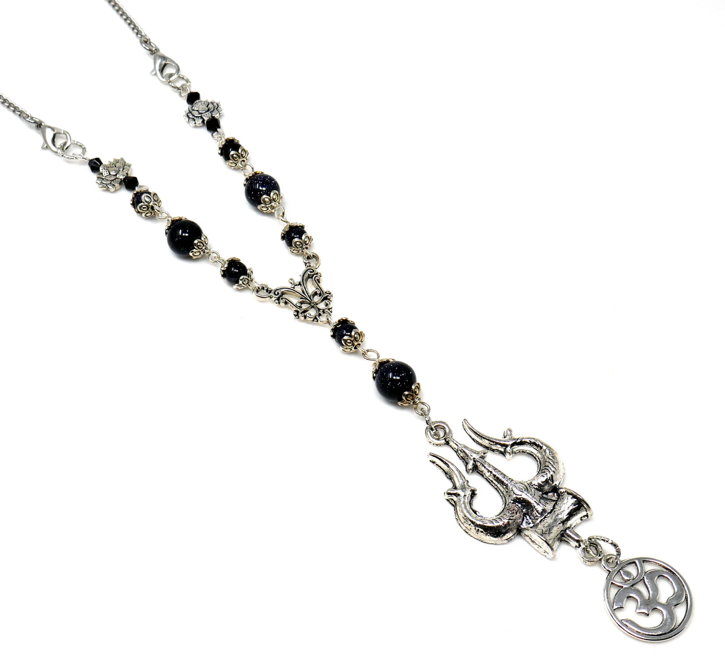 Lord Shiva Trishul Damru & Om Car Mirror Hanging, Natural Blue Sand Stone Beads and Baba Bholenath/Shiv Shambhu Trishul Protection Hanging