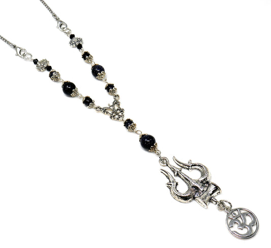 Lord Shiva Trishul Damru & Om Car Mirror Hanging, Natural Blue Sand Stone Beads and Baba Bholenath/Shiv Shambhu Trishul Protection Hanging