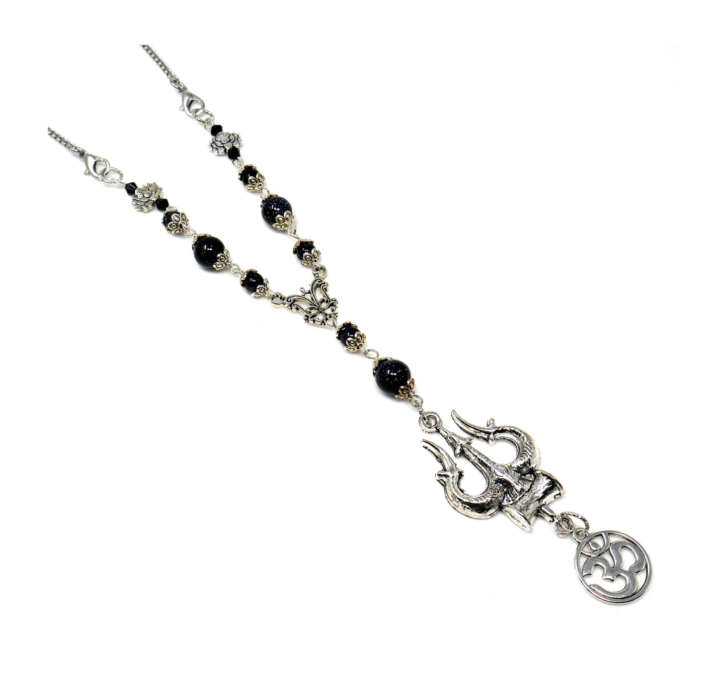 Lord Shiva Trishul Damru & Om Car Mirror Hanging, Natural Blue Sand Stone Beads and Baba Bholenath/Shiv Shambhu Trishul Protection Hanging
