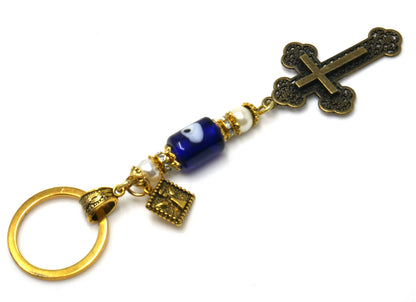 Holy Cross Pendant | Blue Glass Beads | Evil Eye Protection | Antique Gold Plated | Car Rearview Mirror Ornament | Blessings | Faith | Hope