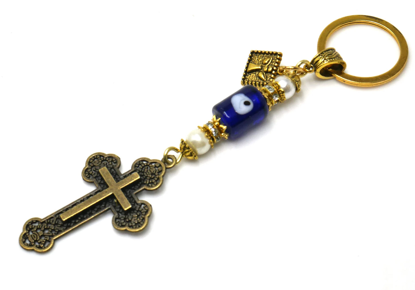 Holy Cross Pendant | Blue Glass Beads | Evil Eye Protection | Antique Gold Plated | Car Rearview Mirror Ornament | Blessings | Faith | Hope