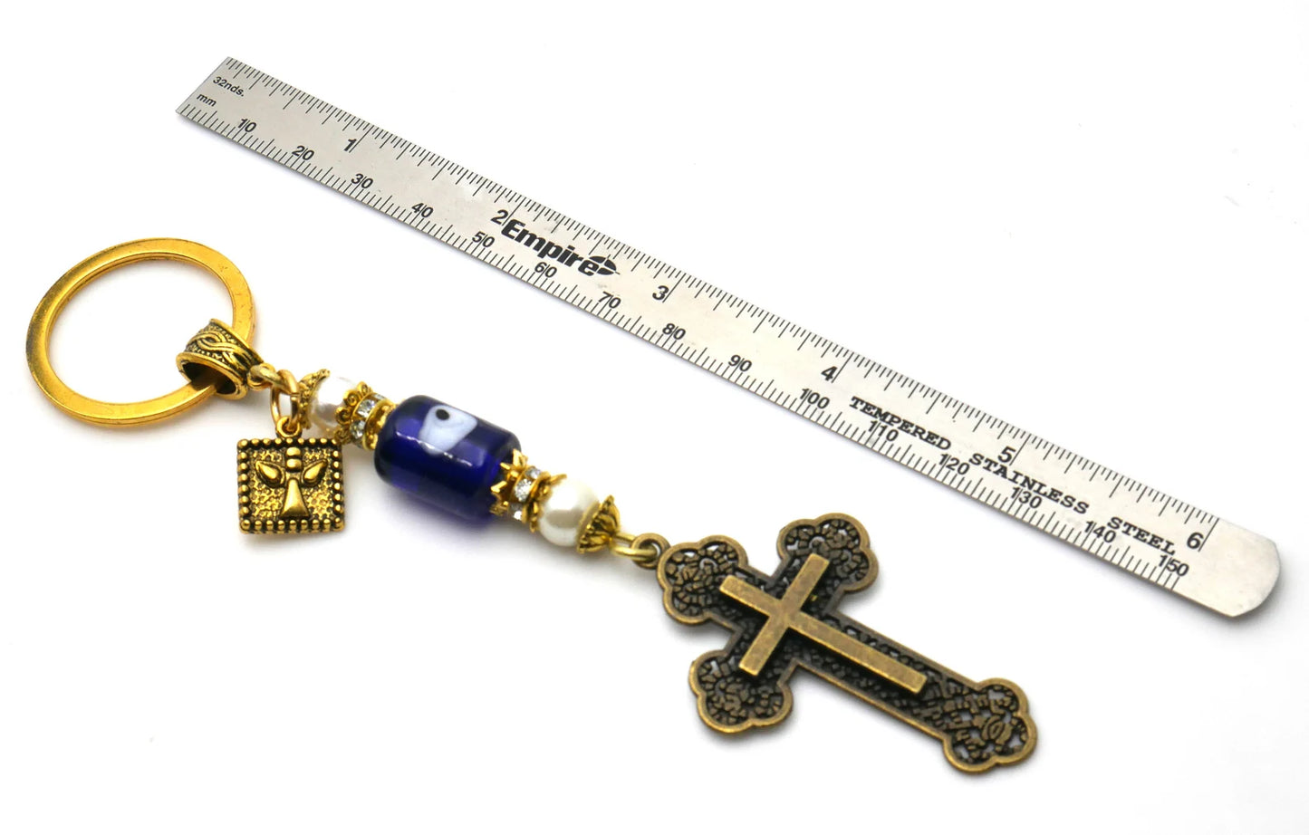 Holy Cross Pendant | Blue Glass Beads | Evil Eye Protection | Antique Gold Plated | Car Rearview Mirror Ornament | Blessings | Faith | Hope