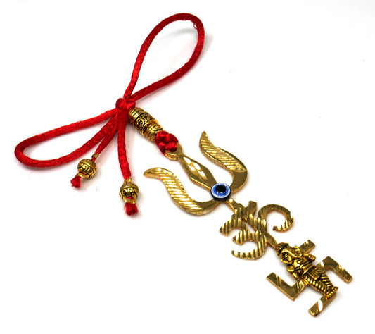 Trishakti Yantra | Trishul | OM | Swastik | Ganesha | Golden | Car Mirror Ornament | Good Luck | Positive Vibrations | Success | Prosperity