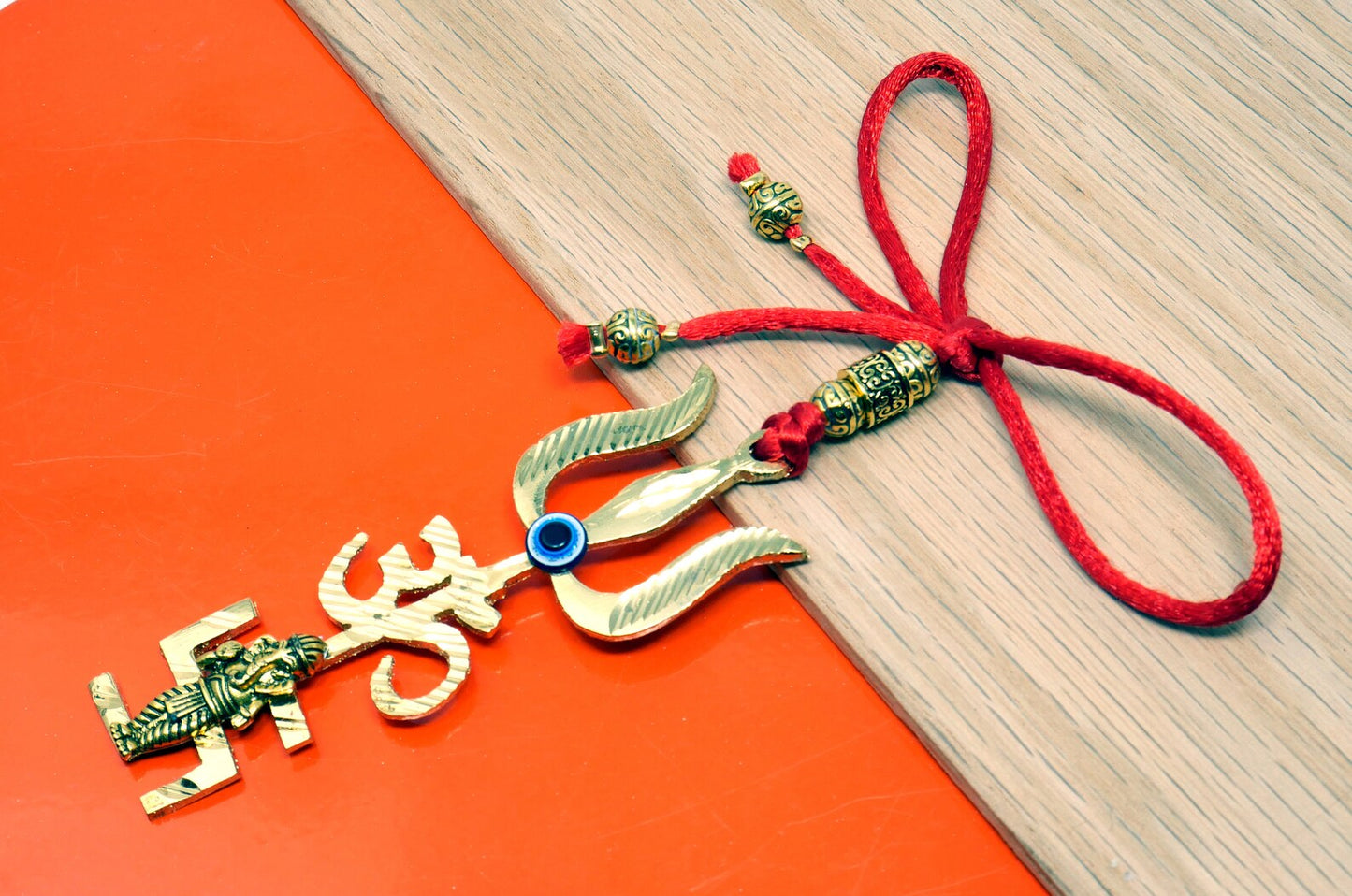 Trishakti Yantra | Trishul | OM | Swastik | Ganesha | Golden | Car Mirror Ornament | Good Luck | Positive Vibrations | Success | Prosperity