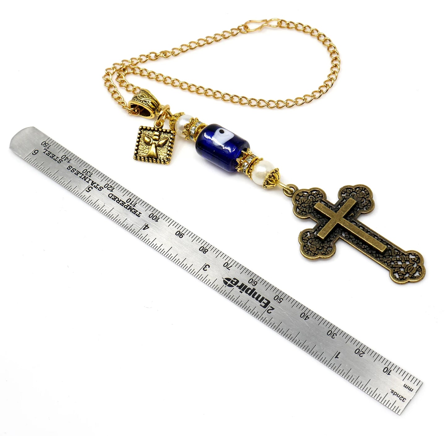 Holy Cross Pendant | Blue Glass Beads | Evil Eye Protection | Antique Gold Plated | Car Rearview Mirror Ornament | Blessings | Faith | Hope