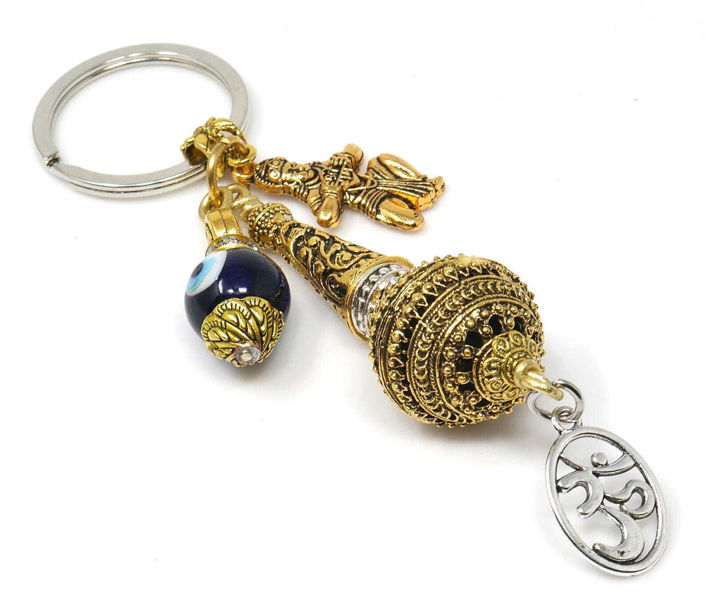 Hanuman ji ke Gada & Hanuman ji Charm Evil Eye Protection Blue Glass Bead-Rare to Find Combination in Key Ring for Home/Car/Office/Business