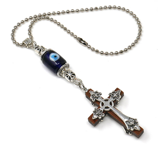 Holy Cross Pendant | Blue Glass Beads | Evil Eye Protection | Car Rearview Mirror Ornament | New Car Gift | New Driver Protection Gift