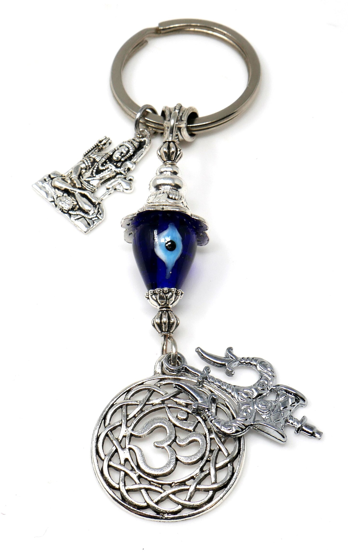 OM & Har Har Mahadev Trishul Charm Evil Eye Protection Key Ring, Shiva Linga Key Ring, Hindu Key Ring, Good Luck Namaste Gift