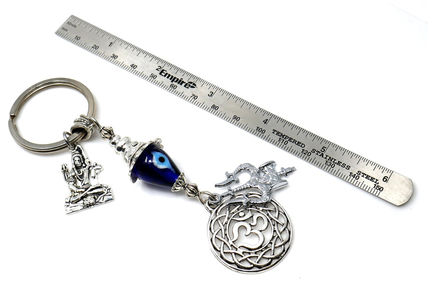 OM & Har Har Mahadev Trishul Charm Evil Eye Protection Key Ring, Shiva Linga Key Ring, Hindu Key Ring, Good Luck Namaste Gift