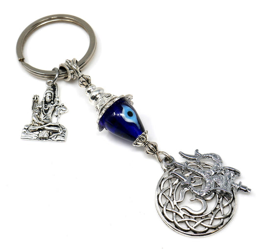 OM & Har Har Mahadev Trishul Charm Evil Eye Protection Key Ring, Shiva Linga Key Ring, Hindu Key Ring, Good Luck Namaste Gift