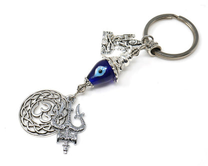 OM & Har Har Mahadev Trishul Charm Evil Eye Protection Key Ring, Shiva Linga Key Ring, Hindu Key Ring, Good Luck Namaste Gift