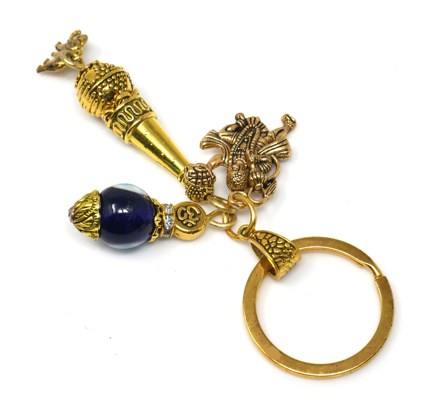 Lord Hanuman ji and Gada Charm & Evil Eye Protection Blue Glass Bead-Rare to Find Combination in Key Ring for Home/Car/Office/Business