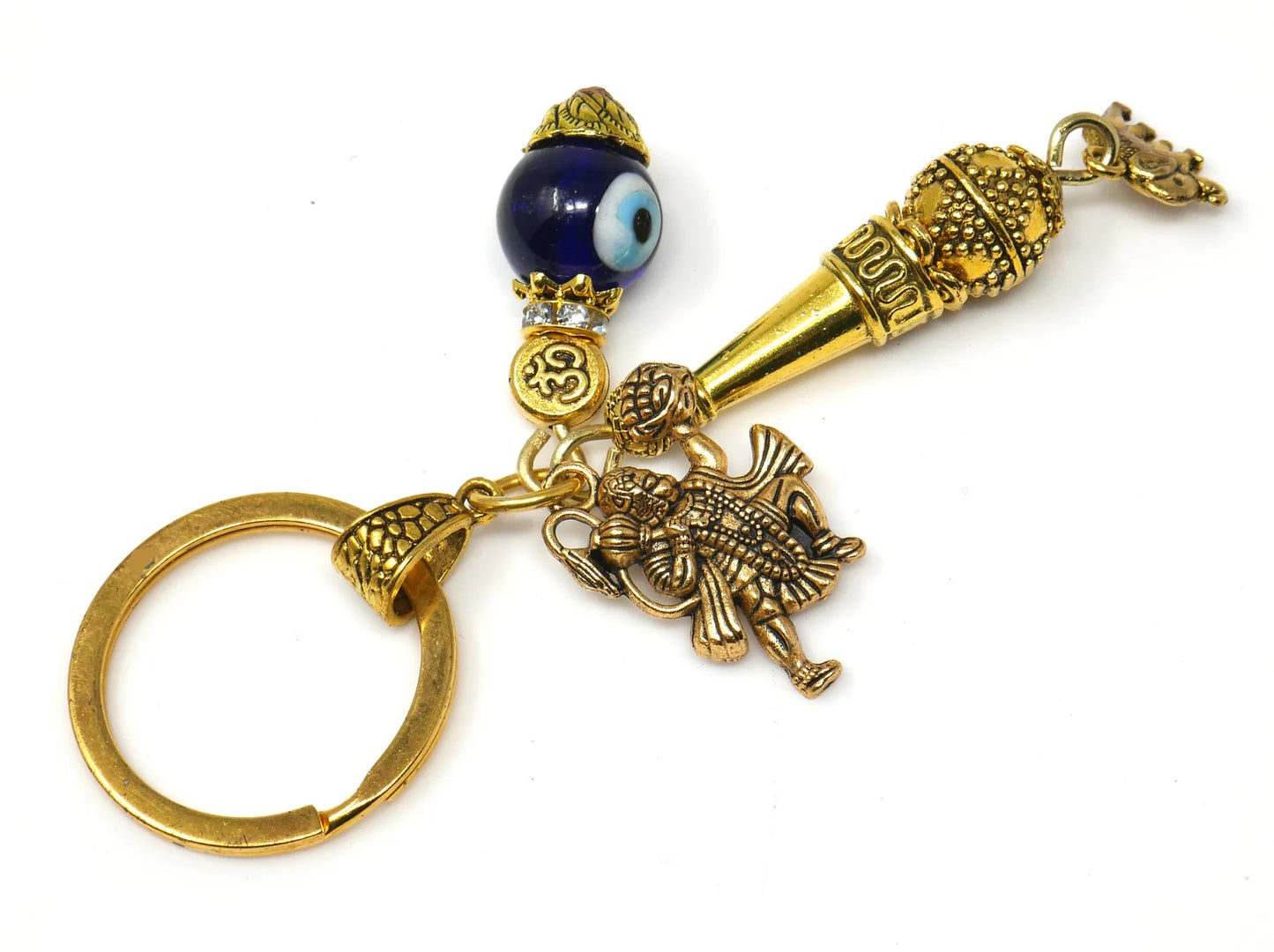 Lord Hanuman ji and Gada Charm & Evil Eye Protection Blue Glass Bead-Rare to Find Combination in Key Ring for Home/Car/Office/Business