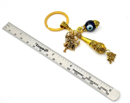 Lord Hanuman ji and Gada Charm & Evil Eye Protection Blue Glass Bead-Rare to Find Combination in Key Ring for Home/Car/Office/Business