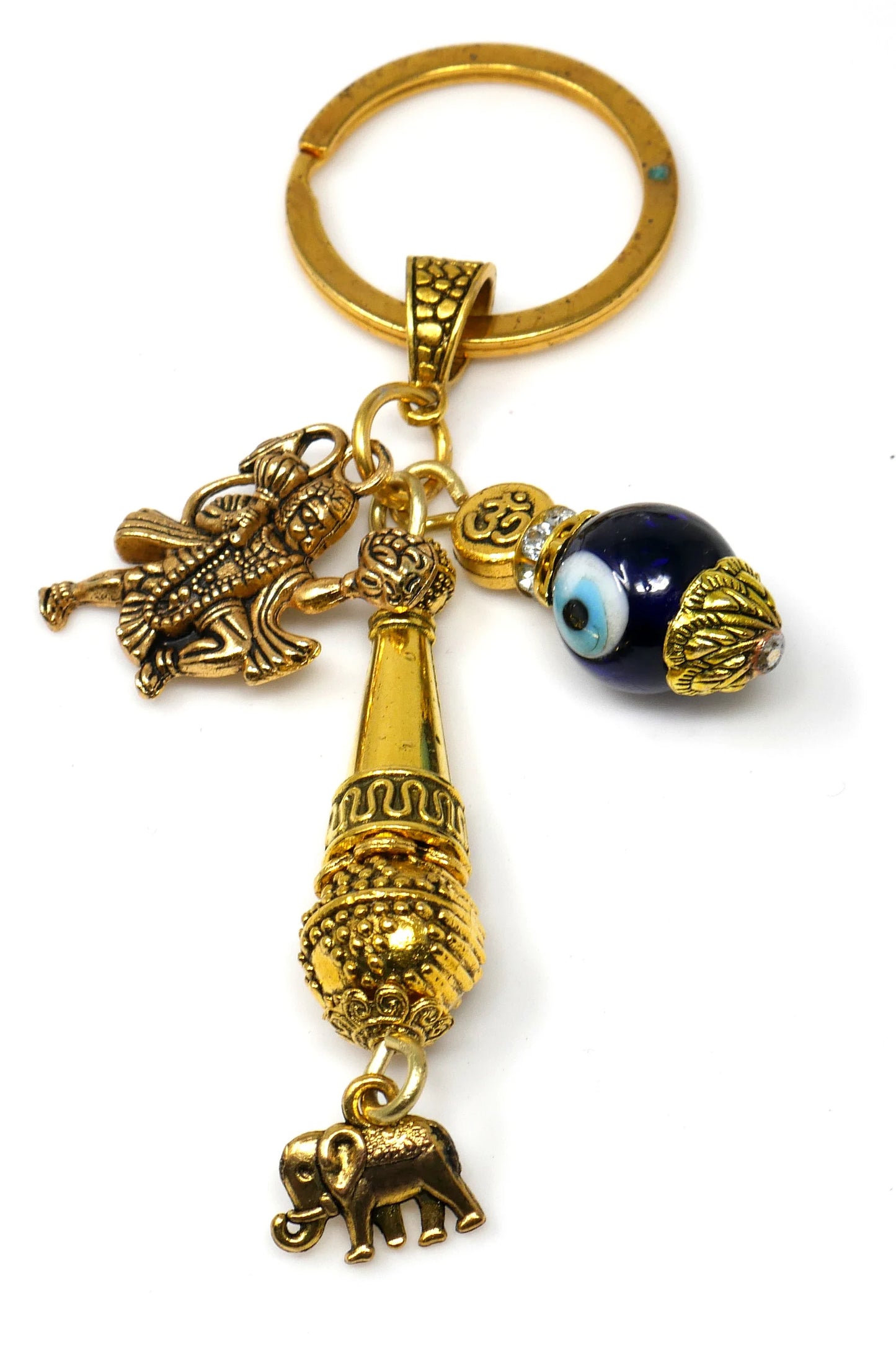 Lord Hanuman ji and Gada Charm & Evil Eye Protection Blue Glass Bead-Rare to Find Combination in Key Ring for Home/Car/Office/Business