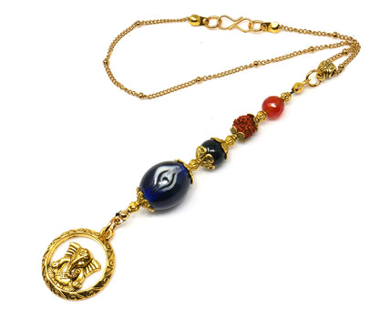 Ganesha | Natural Stone Beads & Rudraksha Bead | Lord Ganesha Car Mirror Hanging | Evil Eye Protection | Good Luck Protection Amulet