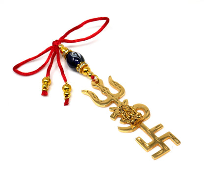 Trishakti Yantra | Trishul | OM | Swastik | Ganesha | Golden | Car Mirror Ornament | Good Luck | Positive Vibrations | Success | Prosperity