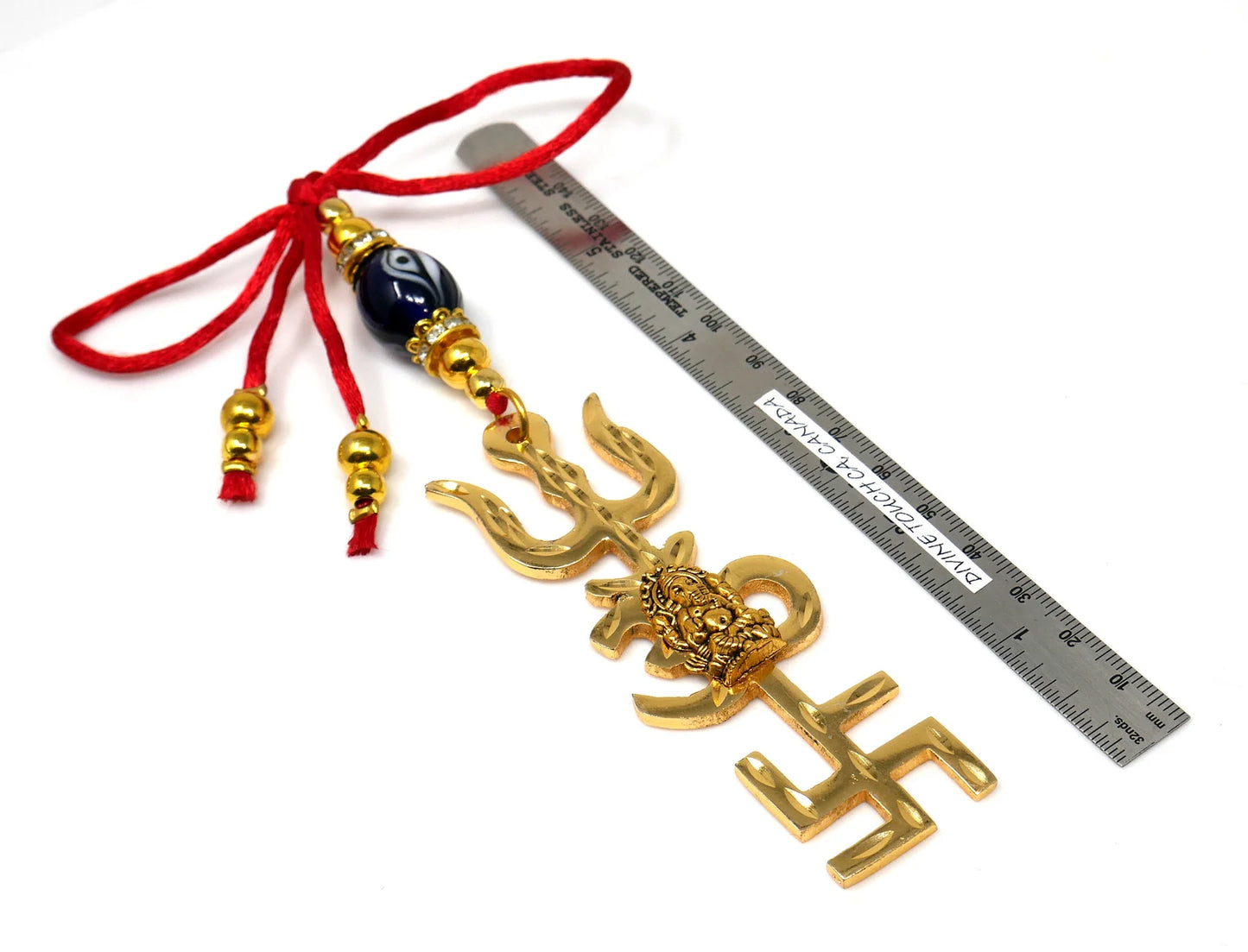 Trishakti Yantra | Trishul | OM | Swastik | Ganesha | Golden | Car Mirror Ornament | Good Luck | Positive Vibrations | Success | Prosperity