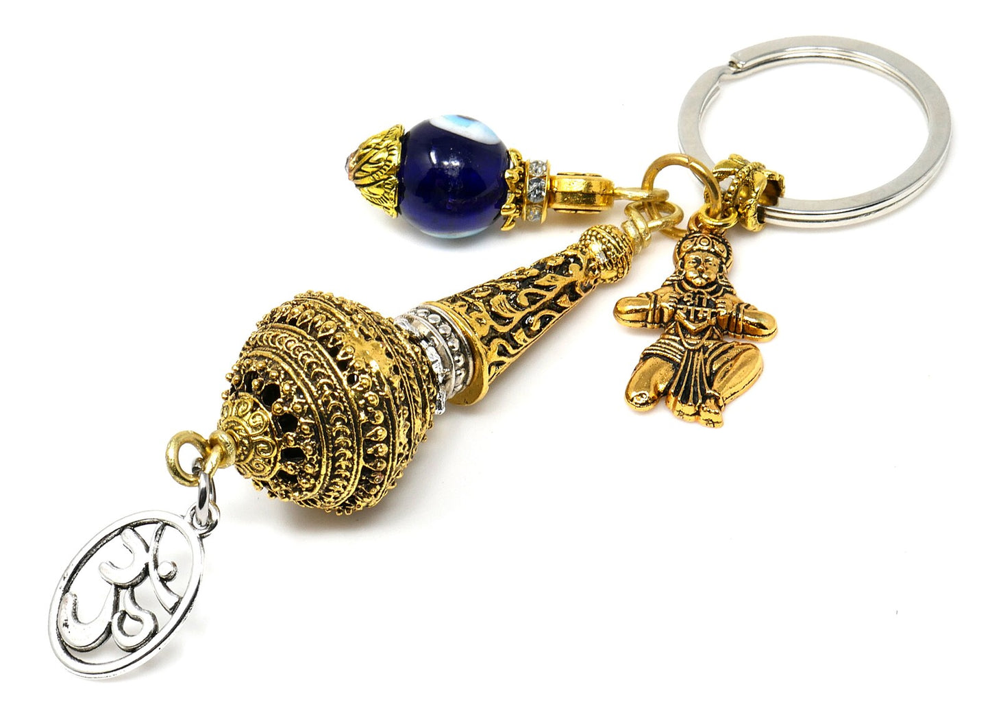 Hanuman ji ke Gada & Hanuman ji Charm Evil Eye Protection Blue Glass Bead-Rare to Find Combination in Key Ring for Home/Car/Office/Business