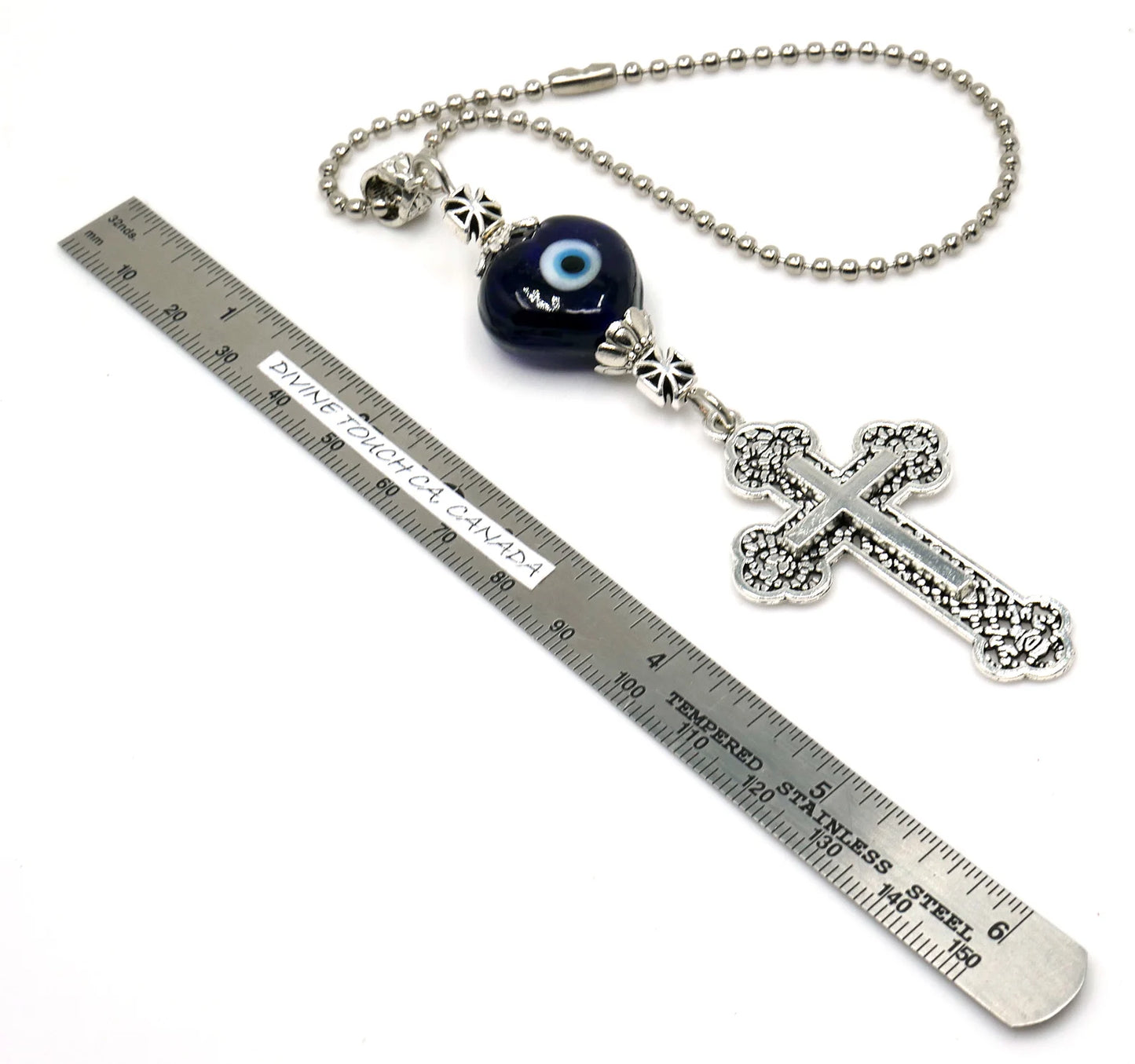 Holy Cross Pendant | Blue Glass Beads | Evil Eye Protection | Antique Gold Plated | Car Rearview Mirror Ornament | Blessings | Faith | Hope
