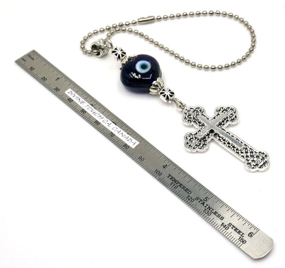 Holy Cross Pendant | Blue Glass Beads | Evil Eye Protection | Antique Gold Plated | Car Rearview Mirror Ornament | Blessings | Faith | Hope