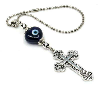 Holy Cross Pendant | Blue Glass Beads | Evil Eye Protection | Antique Gold Plated | Car Rearview Mirror Ornament | Blessings | Faith | Hope