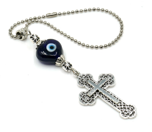 Holy Cross Pendant | Blue Glass Beads | Evil Eye Protection | Antique Gold Plated | Car Rearview Mirror Ornament | Blessings | Faith | Hope