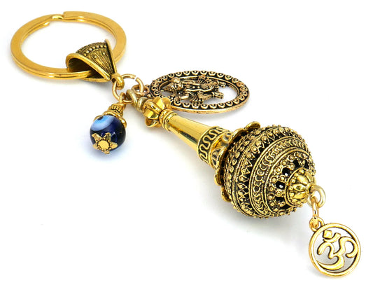 Lord Hanuman ji ke Gada and Charm Evil Eye Protection Blue Glass Bead-Rare to Find Combination in Key Ring for Home/ Car/ Office/ Business