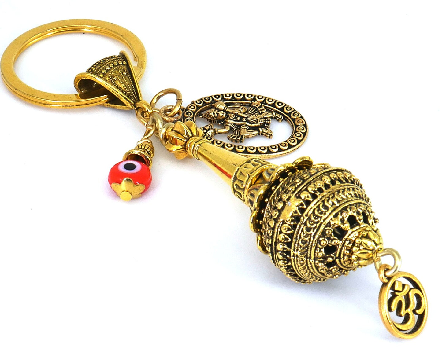 Lord Hanuman ji ke Gada and Charm Evil Eye Protection Blue Glass Bead-Rare to Find Combination in Key Ring for Home/ Car/ Office/ Business