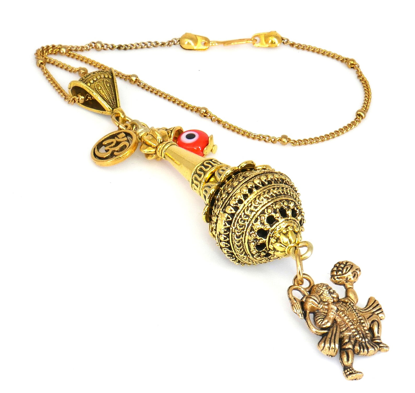 Lord Hanuman ji ke Gada and Charm Evil Eye Protection Blue Glass Bead-Rare to Find Combination in Key Ring for Home/ Car/ Office/ Business