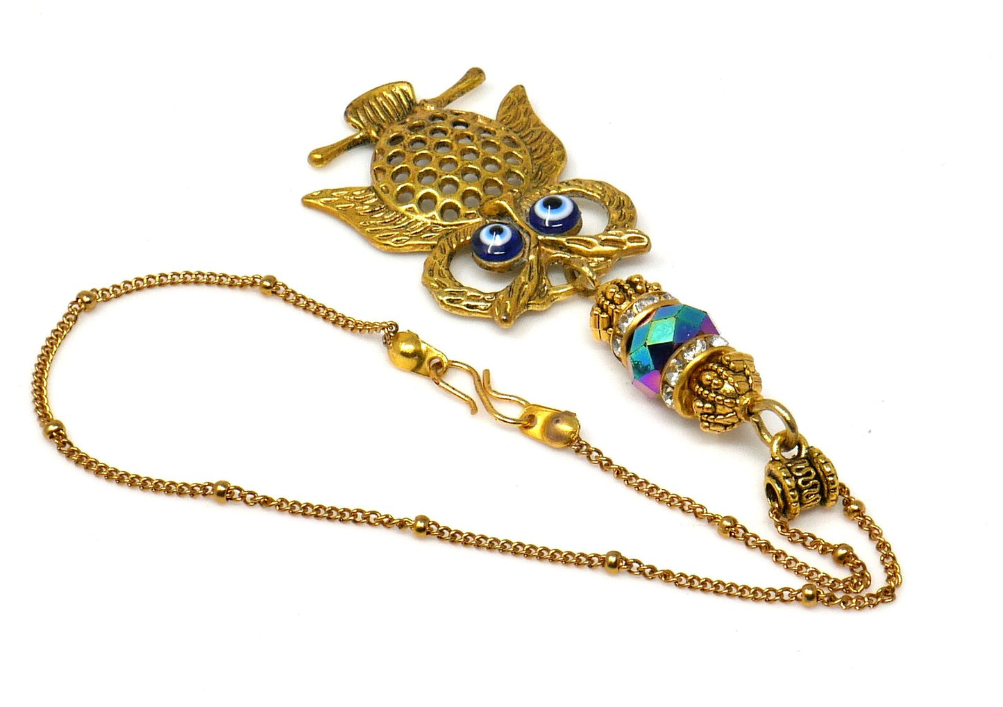 Owl | Evil Eye Protection | Antique Gold Plated | Car Rearview Mirror Ornament | Good Luck | Positive Vibes | Intuition Power | Inner Wisdom