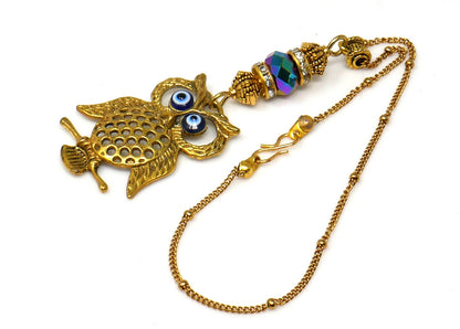 Owl | Evil Eye Protection | Antique Gold Plated | Car Rearview Mirror Ornament | Good Luck | Positive Vibes | Intuition Power | Inner Wisdom