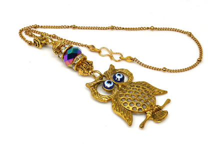 Owl | Evil Eye Protection | Antique Gold Plated | Car Rearview Mirror Ornament | Good Luck | Positive Vibes | Intuition Power | Inner Wisdom