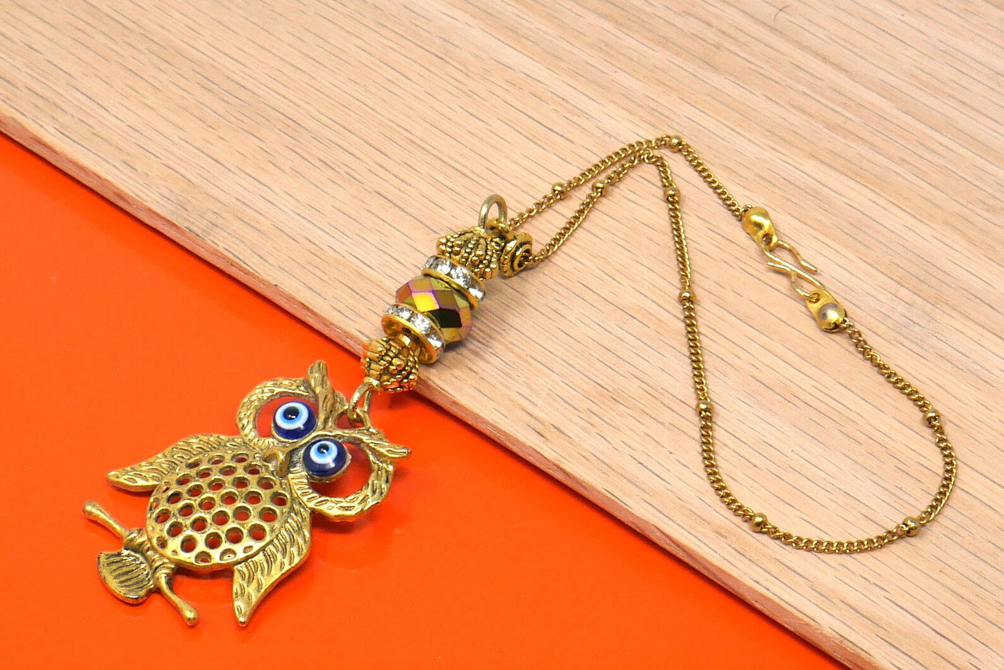 Owl | Evil Eye Protection | Antique Gold Plated | Car Rearview Mirror Ornament | Good Luck | Positive Vibes | Intuition Power | Inner Wisdom