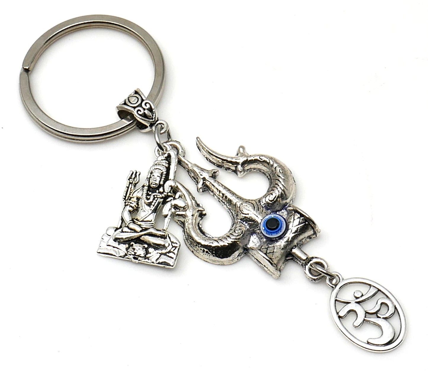 Evil Eye Protection Divine OM & Shiv ji Trishul Pendant Key Ring/ Key Chain for High Positive Vibration, Good Luck and Travel Protection