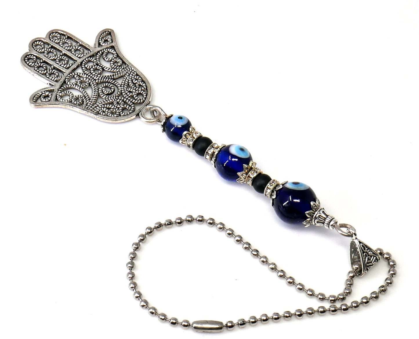 Evil Eye Protection 3 Blue Beads Hamsa Hand | Antique Silver Plated | Car Rearview Mirror Ornament |Good Luck |Numerology |Positive Vibes