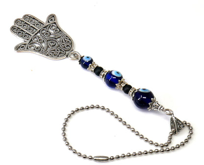 Evil Eye Protection 3 Blue Beads Hamsa Hand | Antique Silver Plated | Car Rearview Mirror Ornament |Good Luck |Numerology |Positive Vibes